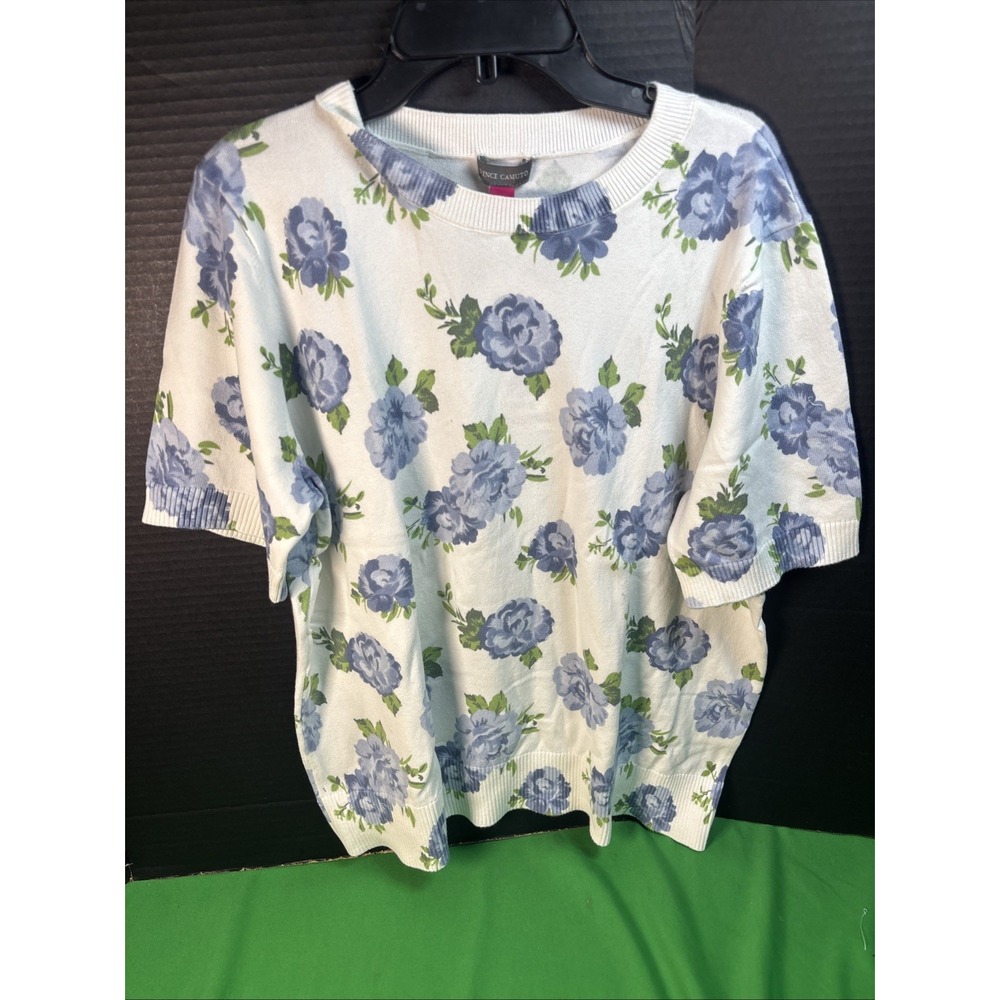 Vince Camuto Blue Floral Short Sleeve Sweater Crew Neck XL Pullover - Picture 5 of 6